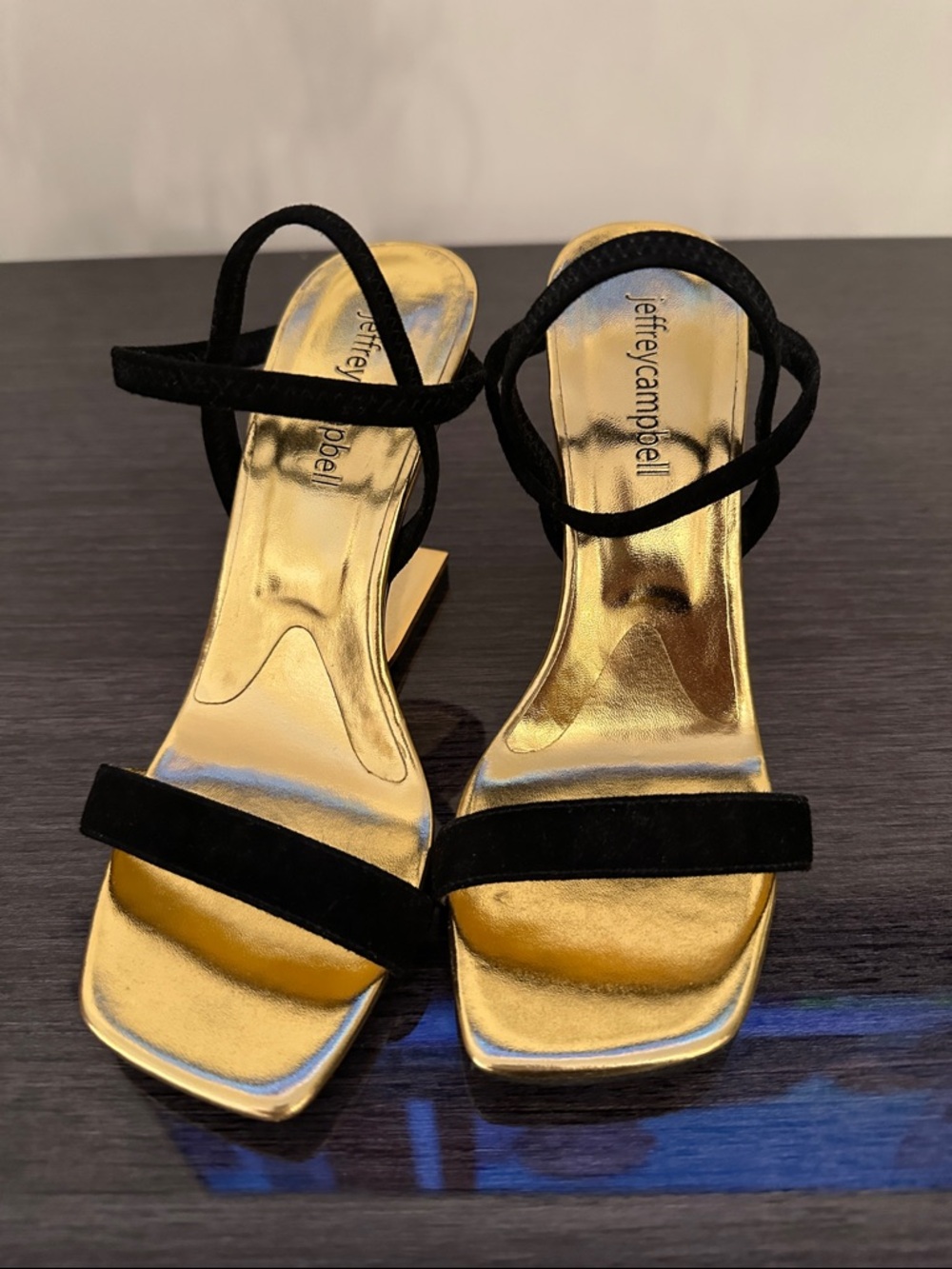 Jeffrey Campbell Geometric Gold Black Strap Sexy Women High Heel Sandal Shoes 6